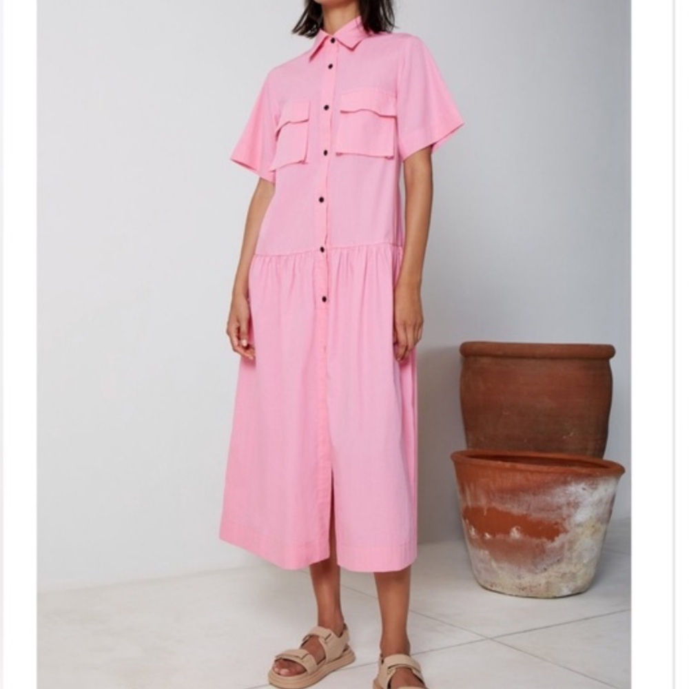 SWF Utilitarian Pink Button-Down Midi Dress short sleeve cotton XS S/W/F